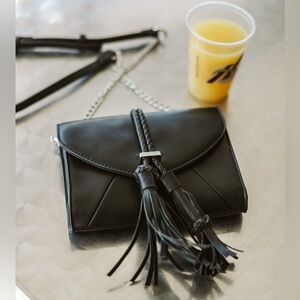 Elegant Black Tassel Crossbody Bag and cheetah scarf